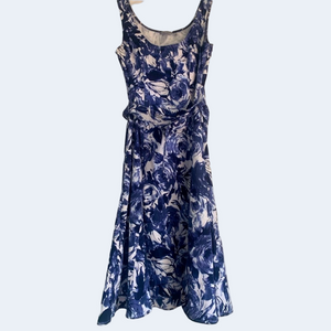 PER UNA ITALY DRESS COTTON FLORAL ROSES BLUE AND WHITE 10 12